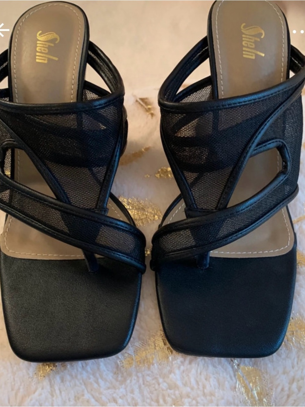 SHEIN Black Strappy Mesh Square-Toe Slide Heels
